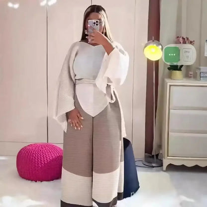 🍒Fashion two-piece sets Loose Irregular hem top pleated patchwork top with belt and  wide-Leg matching pants Your Mouth Will Be Wide Open When You Receive This Cherry  please note some colours are not matched to colour just order as you see what you like