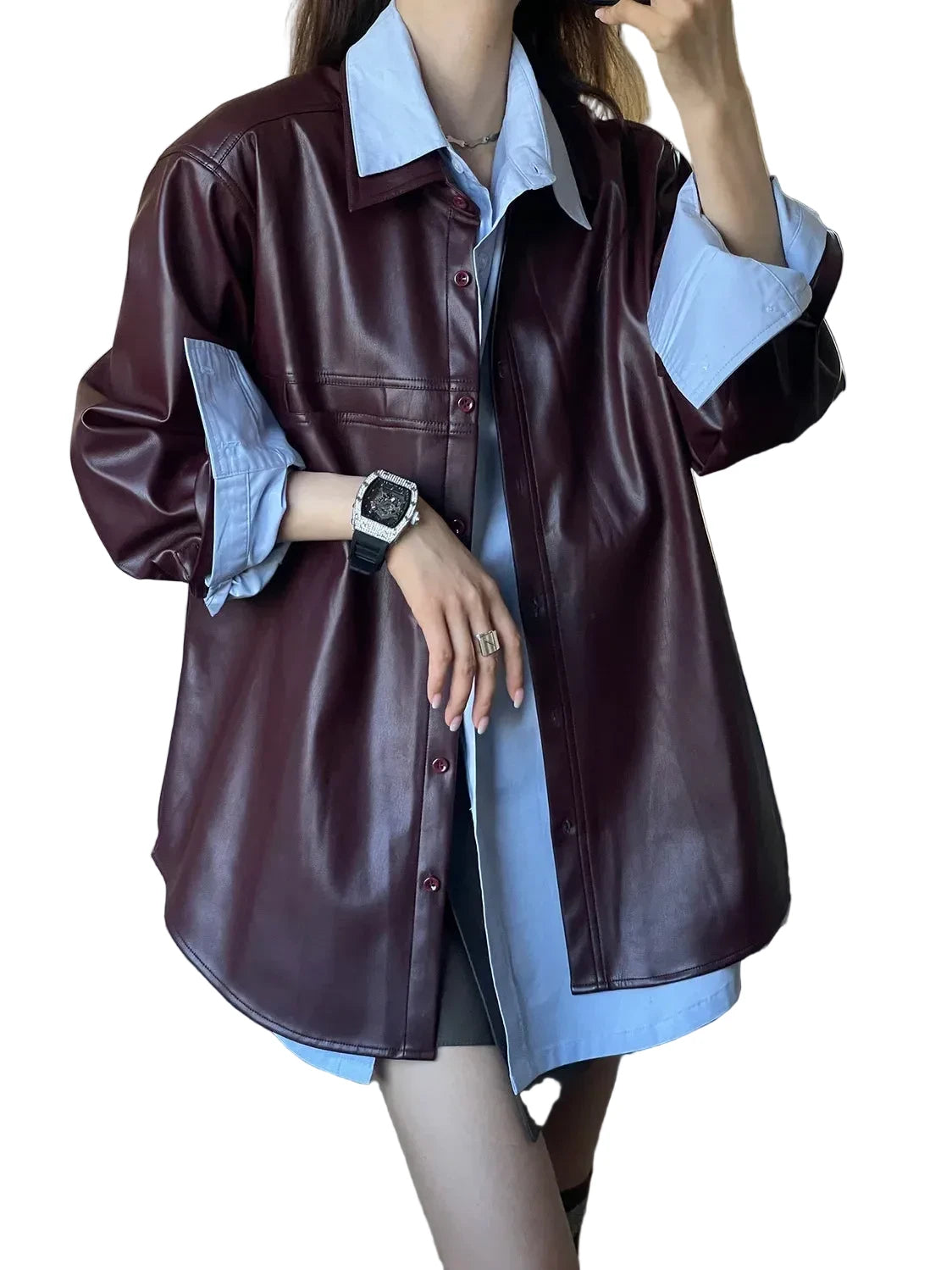 🍒Shirt style jackets faux leather womens oversized outerwear solid single breasted spring/autumn stylish vintage turn-down collar windbreak casual coats chic female clothing     Luvly Lazy-Like Leather Look