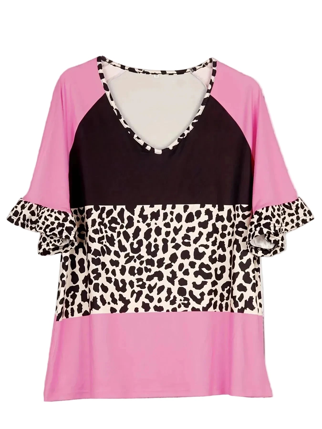 🍒Plus size leopard print clothing t-shirt with v-neck short sleeve tee smart casual women's plus size clothing Find Your Animal In Pink