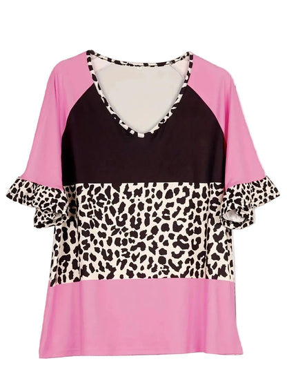 🍒Plus size leopard print clothing t-shirt with v-neck short sleeve tee smart casual women's plus size clothing Find Your Animal In Pink