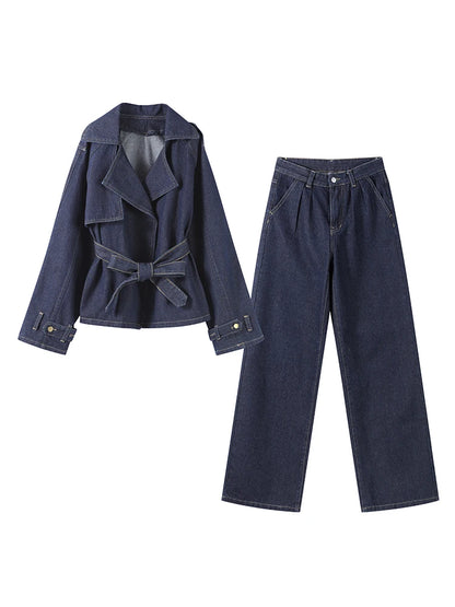 🍒Denim langbroekstel straat Y2K-mode vroue-reversdas-middelbaadjie plus reguitpypjeans langmoubaadjie en broek jeans twee-stukpak damesuitrustings slim gemaklike klere Trek aan in denims