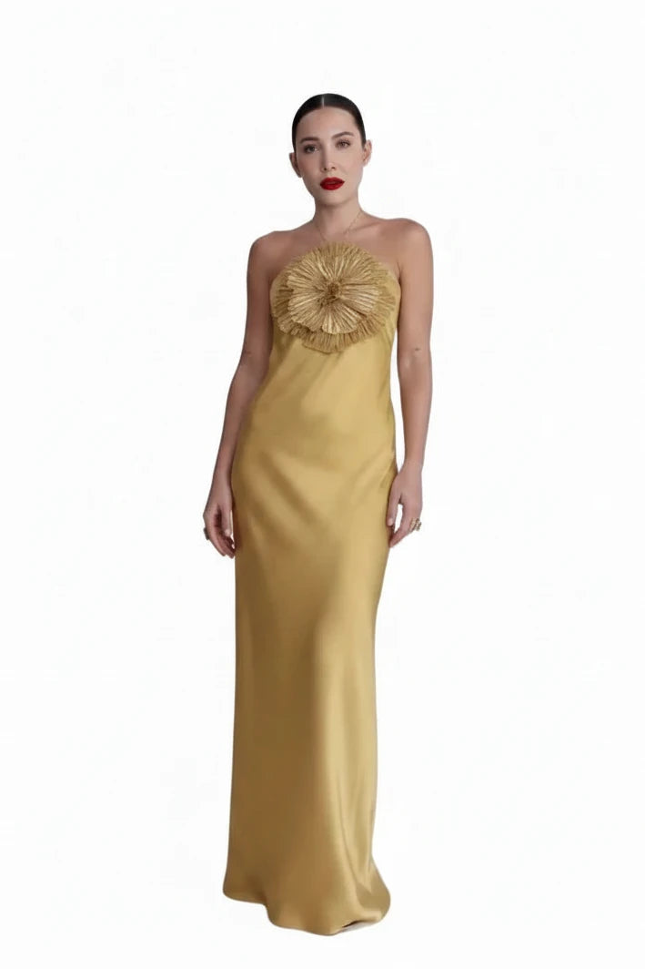 🍒Party dress for women gold outfit for ladies with 3D flower Halter sleeveless backles maxi satin occasion wear evening wear for holiday italian made feminine dresses for summer chic fashion Fem Fleur Fashion