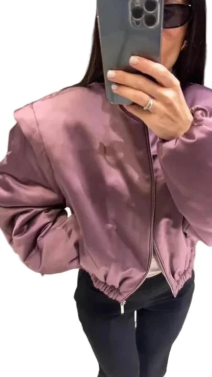 🍒Langmou-bomberbaadjie vir vroue, met ritssluiting en opstaande kraag, buiteklere kort gemaklike baadjie soliede sjiek vroulike satynklere mode Mauve Is In