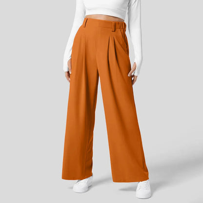 🍒Straight fit high rise trousers  fashionable smart casual women loose solid colour wide leg  pants Solid Slick Staples