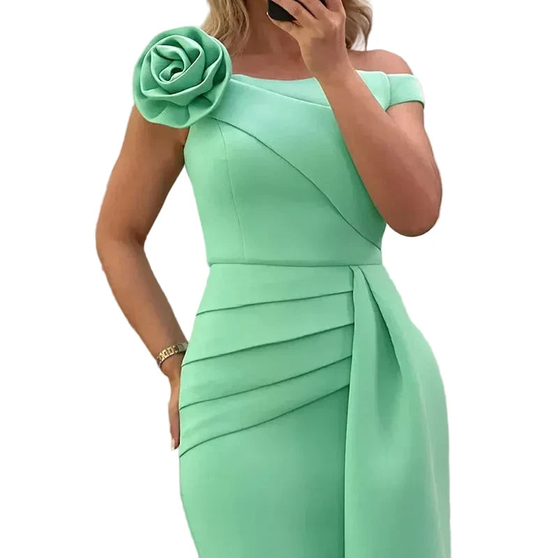 🍒3D flower dress off shoulder slim fit short trail women’s  outfit for occasion party wear slash neck bodycon ruched dress spring summer wear wedding guest clothing Pop A Mint Or Treat Yourself To A Train