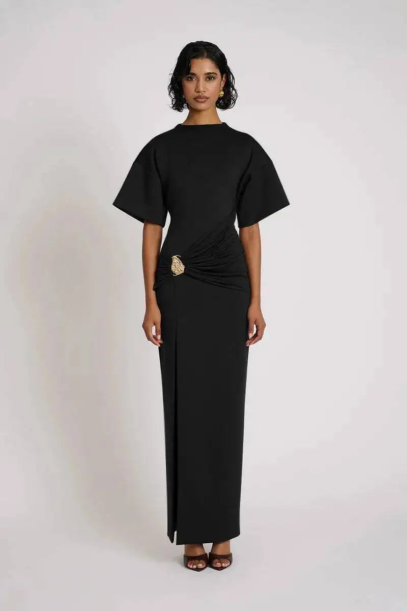 🍒Short sleeve maxi dress  ruched outfit brown women side split occasion dress with belt metal fashion o-neck club party wear occasion white long dresses Paint The Town Red In Brown