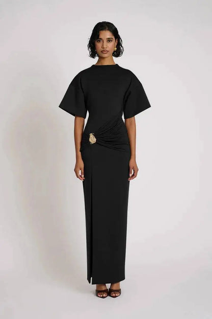 🍒Short sleeve maxi dress  ruched outfit brown women side split occasion dress with belt metal fashion o-neck club party wear occasion white long dresses Paint The Town Red In Brown
