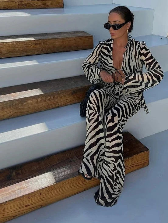 🍒Zebra  print mesh top sheer stripeed shirt outfit for women set tie front detail top and matching pants fashion two piece sets holiday beachwear Do Hot Girl Hot Jungle in Cool Clothes