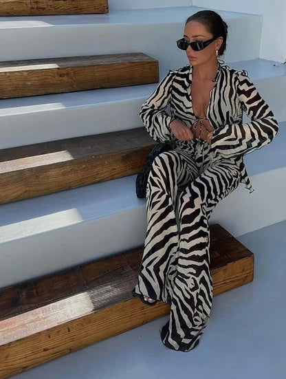 🍒Zebra  print mesh top sheer stripeed shirt outfit for women set tie front detail top and matching pants fashion two piece sets holiday beachwear Do Hot Girl Hot Jungle in Cool Clothes