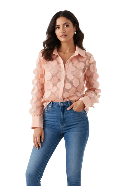 🍒Elegante Franse bloes 3D blom semi-deursigtige gaashemp top vroue lanternmou bloese somer Pick A Peach Or Two