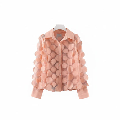 🍒Elegante Franse bloes 3D blom semi-deursigtige gaashemp top vroue lanternmou bloese somer Pick A Peach Or Two