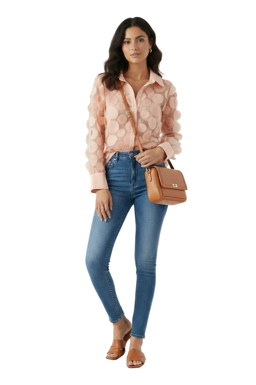 🍒Elegante Franse bloes 3D blom semi-deursigtige gaashemp top vroue lanternmou bloese somer Pick A Peach Or Two