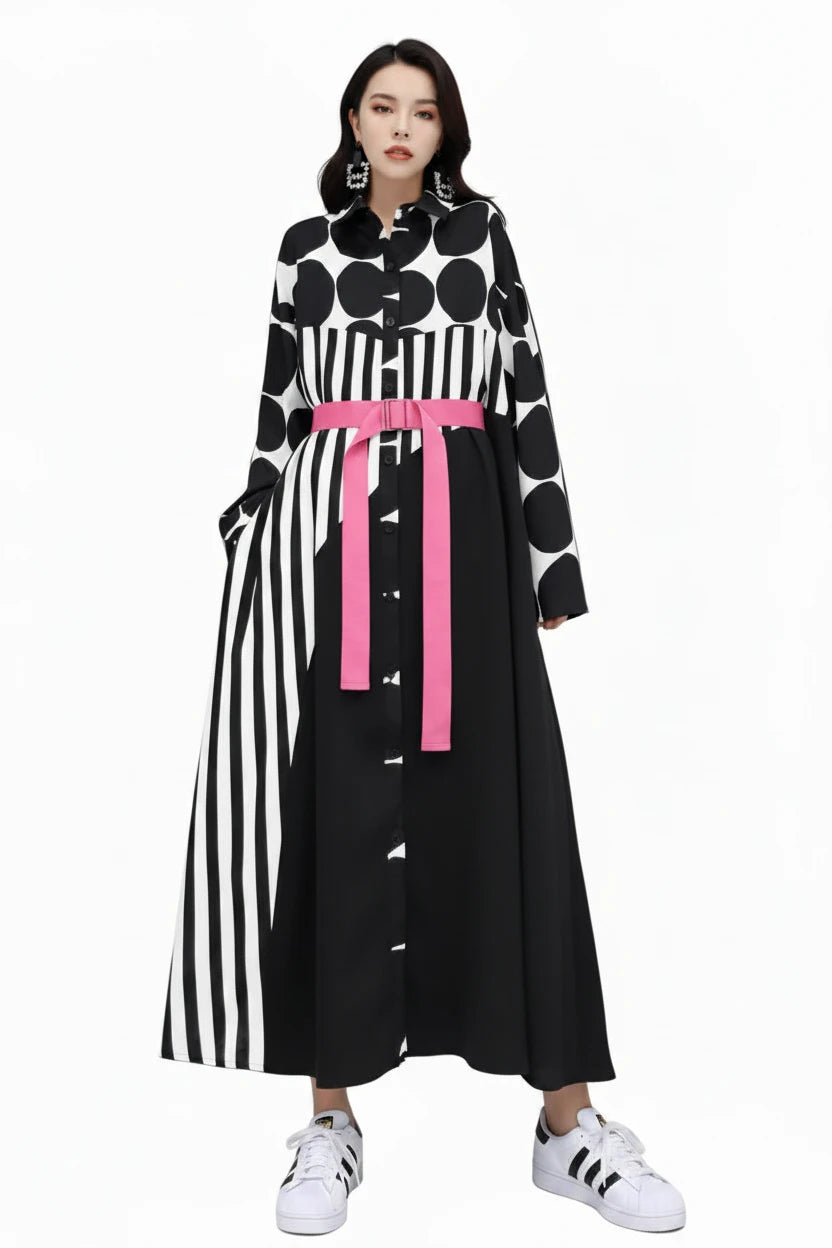 🍒Long sleeve loose fit shirt dress plus size woman black outfit with Dots striped fashion printed large smart casual dresses Spot The Stripes