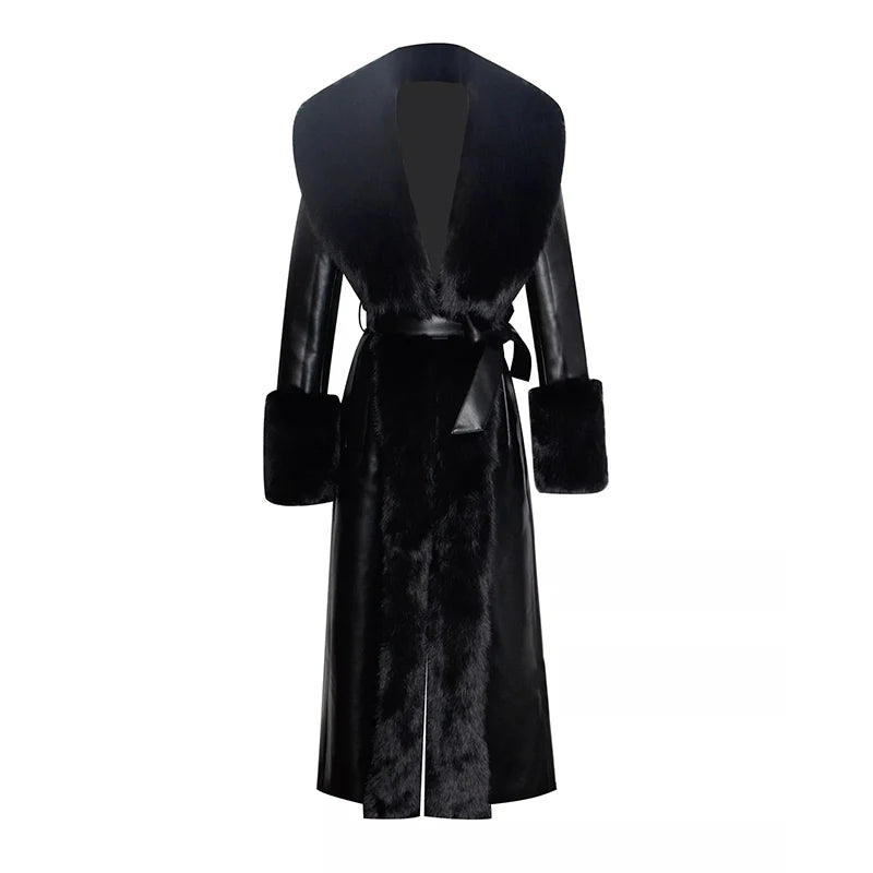 🍒Black faux leather womens coat trench fur coat collar & cuffs fashion belted waist coat long jacket chic streetwear Go On A Poodle Walk