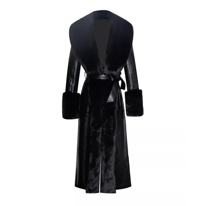 🍒Black faux leather womens coat trench fur coat collar & cuffs fashion belted waist coat long jacket chic streetwear Go On A Poodle Walk