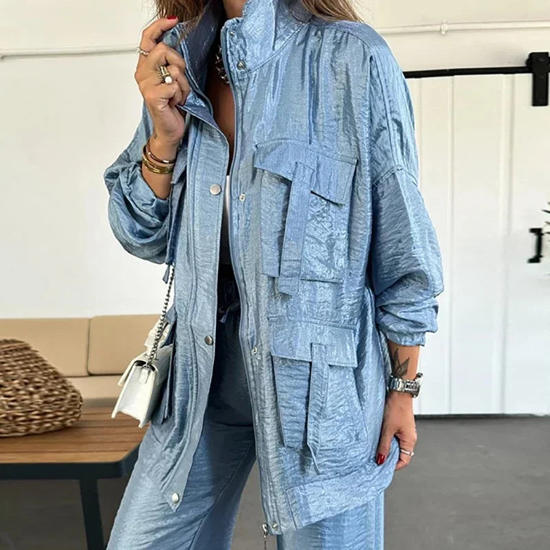 🍒Elegant casual single breasted utility coat jacket and matching pants suit women's retro loose large pocket solid colour two piece set Pocket These Pants And Jacket The Saving