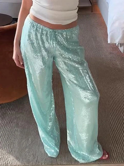 🍒Sequined pants for women high waist tie up ankle-length loose trousers spring summer Fashion smart casual clothing female Y2k style Sequ-Win