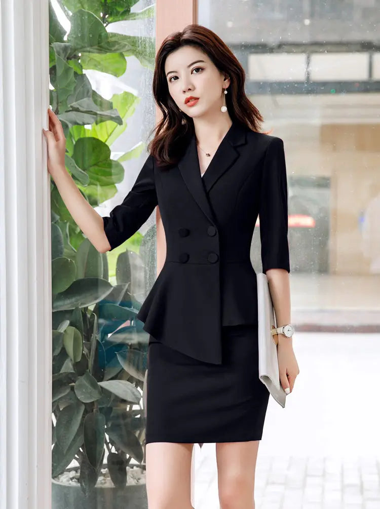 🍒Rooi 2-stuk damespak mode rompstel sakeklere kantoordrag ligte blazers vir vroue halfmou top en miniromp Berry Beautiful