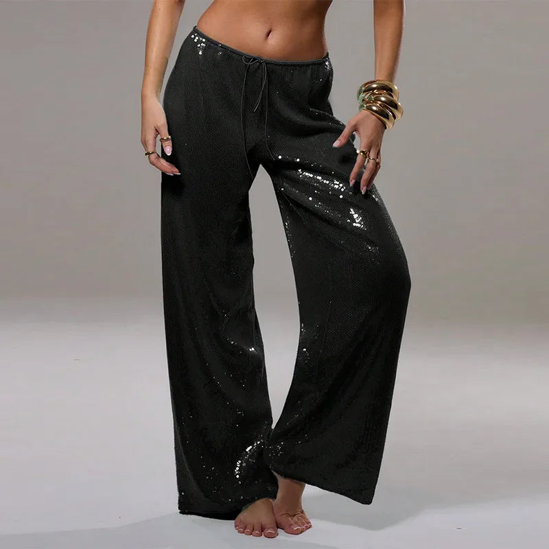 🍒Sequined pants for women high waist tie up ankle-length loose trousers spring summer Fashion smart casual clothing female Y2k style Sequ-Win
