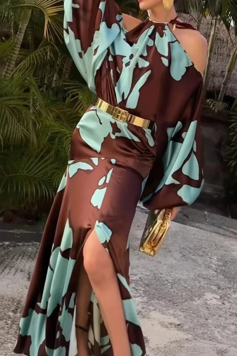 🍒Elegant evening dresses vacation style outfits printed off shoulder with slits party evening wear fashion clothing for women Look Sound In Aqa Brown Gown
