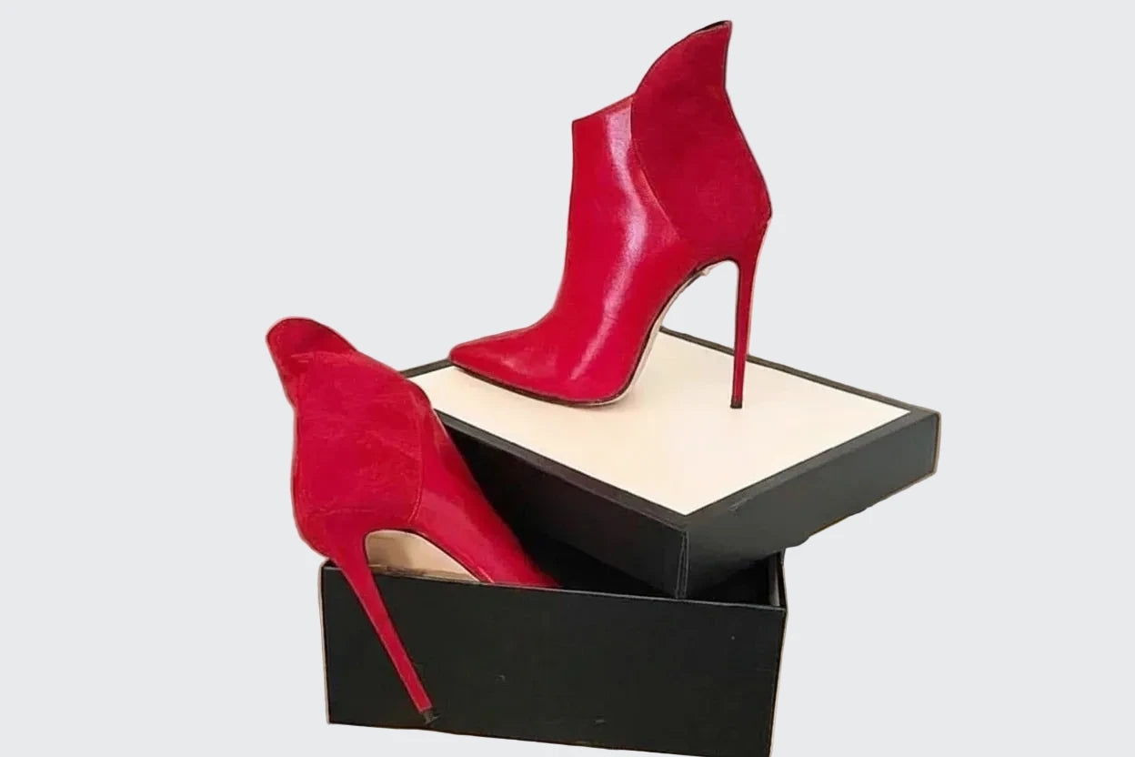 🍒Womens red ankle boots faux leather thin high heel mixed media booties patchwork high cut short  slipon heels elegant wedding shoes party occasion footwear Size46  Sweeten Up With A Cherri Drop
