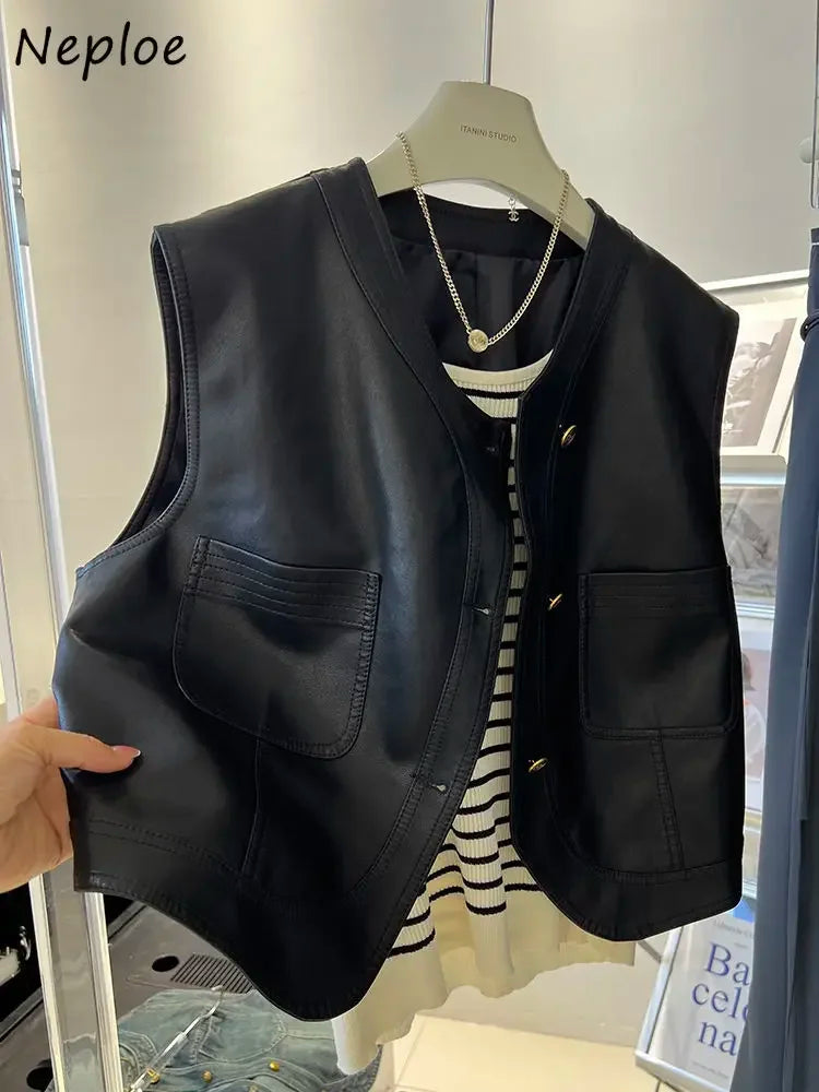 🍒Leather vest women chic clothing streetwear fashion style Y2K waist coat sleeveless moto jacket buttoned cute tank smart casual clothes party occasion wear Look Leather Lovely