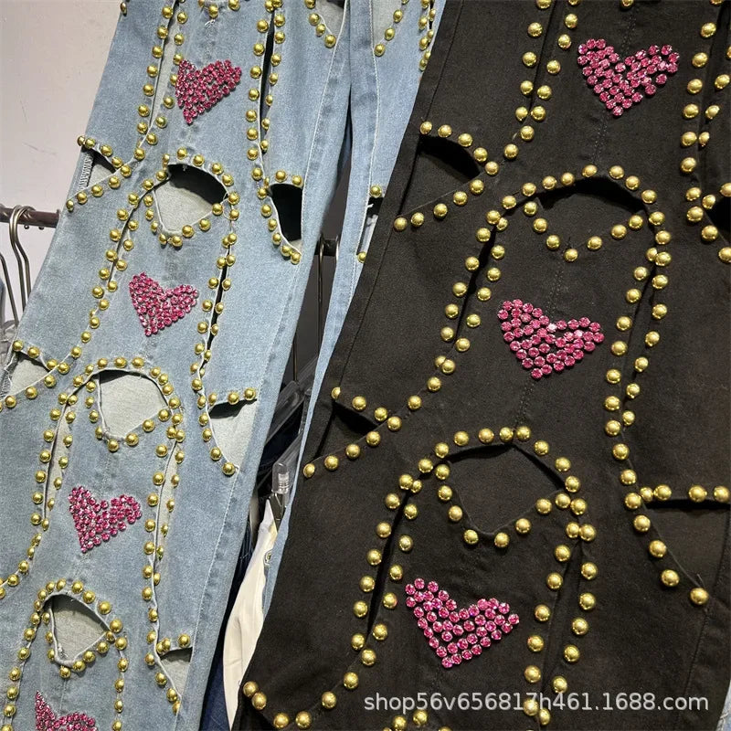 🍒Red diamond jeans embellished hollow heart Jeans for women loose wide leg denim trousers cool pants with rivets wHOLE HEARTedly made for you