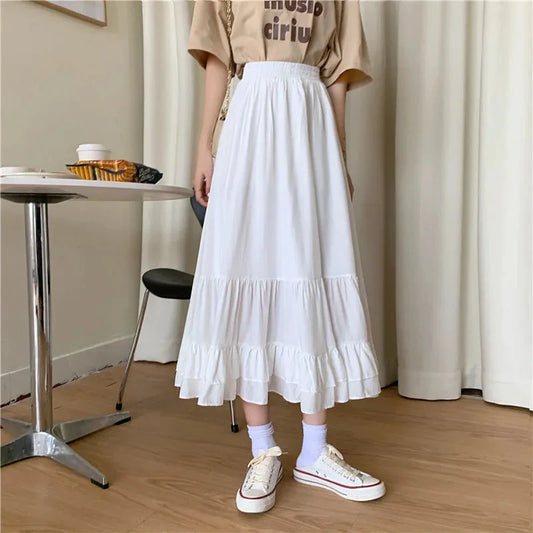 🍒 分层裙摆松紧腰女式白色A字分层裙装夏季服装时尚优雅通勤女装 清爽飘逸吉普赛风