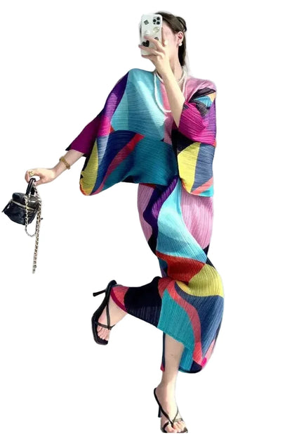 🍒Pleated batwing sleeves dress for women's high end fashion and relaxed printed v-neck holiday wear party occasion plisse clothing multi colour outfit Bag A Batwing