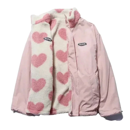 🍒Fashion Stand-up Collar OutwearFaux lambswool fur jacket women's warm coat autumn winter outerwear for women heart print stand collar coat Ya Hearts Printed On This