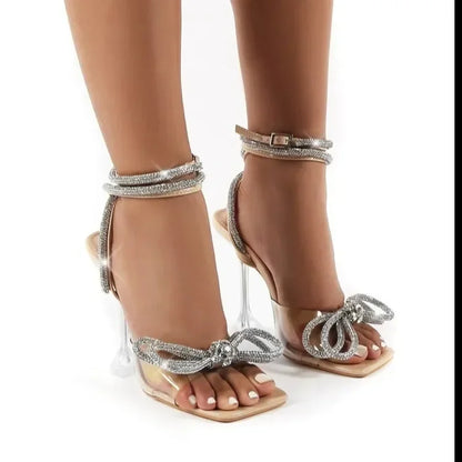 🍒Rhinestone bowknot women sandals pvc Jelly transparent perspex high heels summer square toe strap shoes plus size Stand Tall In Your Wine Glasses With Your Wine Glass
