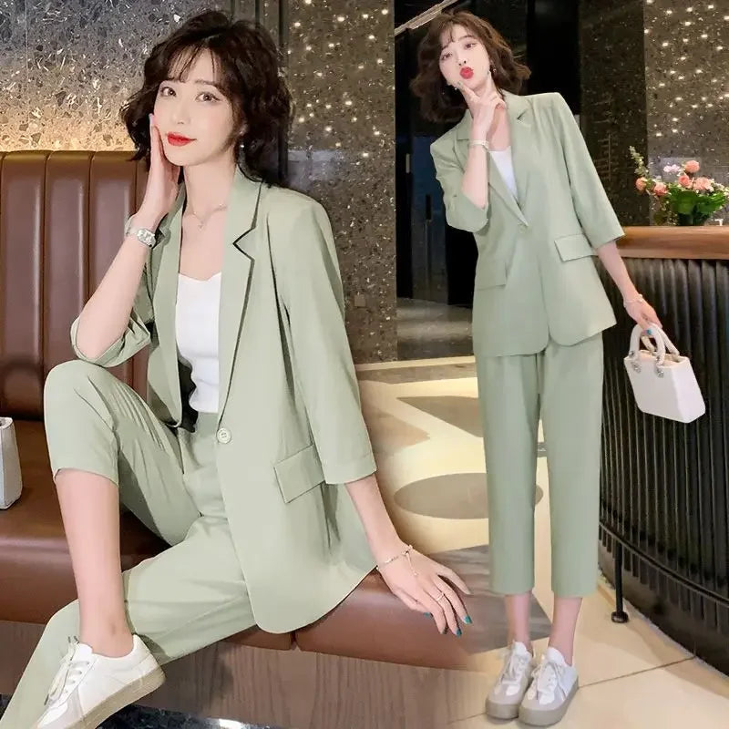 🍒Two piece blazer suit jacket and Pants two piece set for Women capri trousers with lapel jacket  office workwear party occasion wear Look Cool In Ice Cream