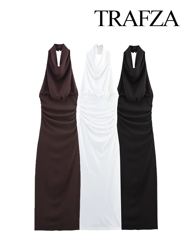 🍒Style sleeveless dresses solid backless halter Fold Decorate Button zipper Female Summer Slim Long Dress 3 Color