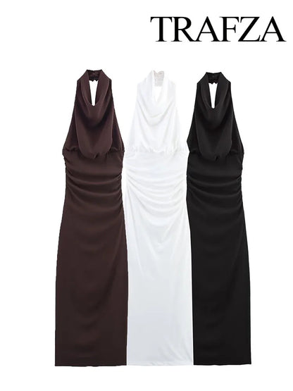 🍒Style sleeveless dresses solid backless halter Fold Decorate Button zipper Female Summer Slim Long Dress 3 Color