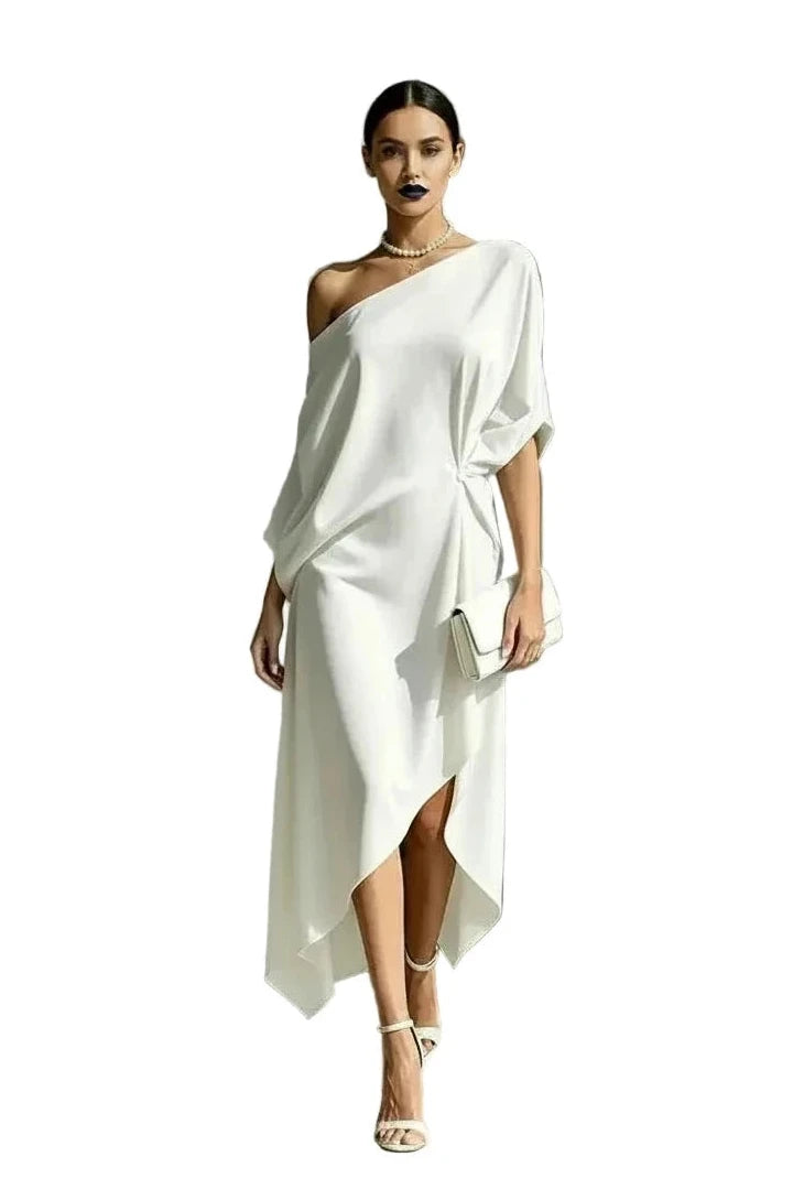🍒Cold shoulder midi dress loose solid draped knot waist Irregular hem outfit for occasion holiday evening wear women elegant guest wear Pretty Perfect Pinched