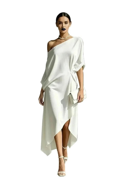 🍒Cold shoulder midi dress loose solid draped knot waist Irregular hem outfit for occasion holiday evening wear women elegant guest wear Pretty Perfect Pinched