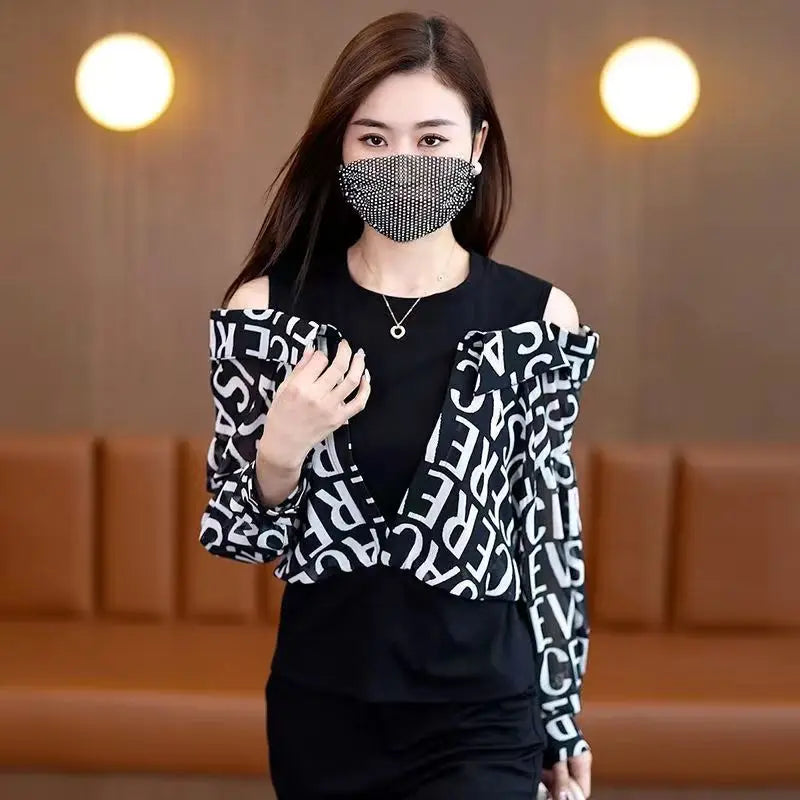 🍒 女式假两件衬衫棉质衬衫露肩上衣酷炫蓝条纹衬衫 女性独特潮流青春款