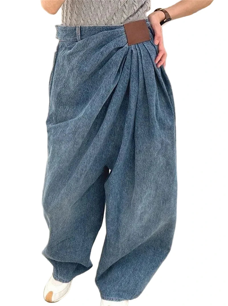🍒Denim trouser baggy loose pleated casual wide leg jeans women designer mid waist pants washed long casual bottoms Gather Cool