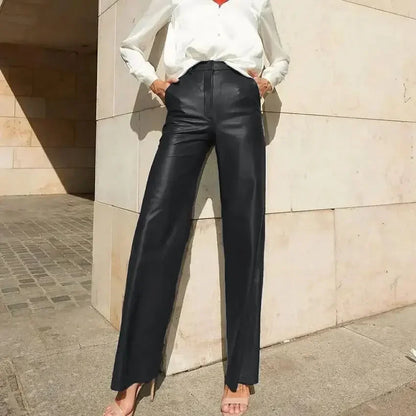 🍒Dames-PU-leertrousers met hoë middellyf, heupopheffing, modieuse reguitbeenbroek, slim gemaklike kledingstukke vir partytjies