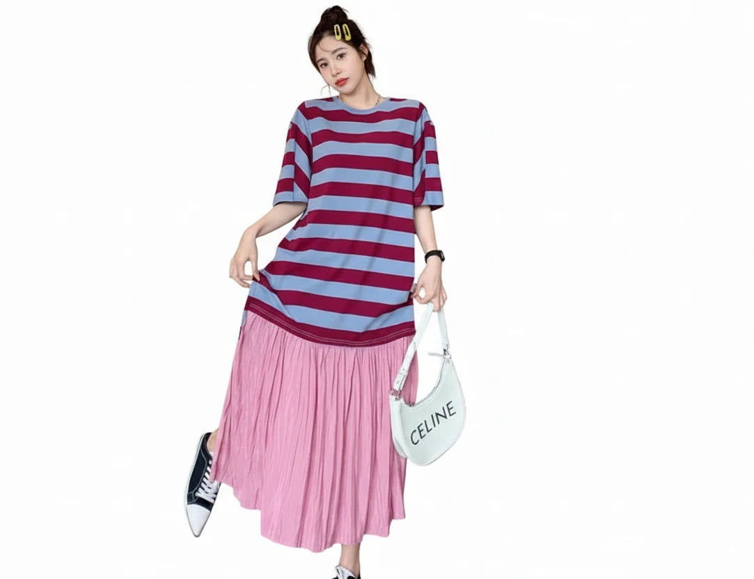 🍒Summer women midi dresses plus size false two-piece cotton stripe mixed media outfit casual wear holiday fashion wear stripee Plain And Simple