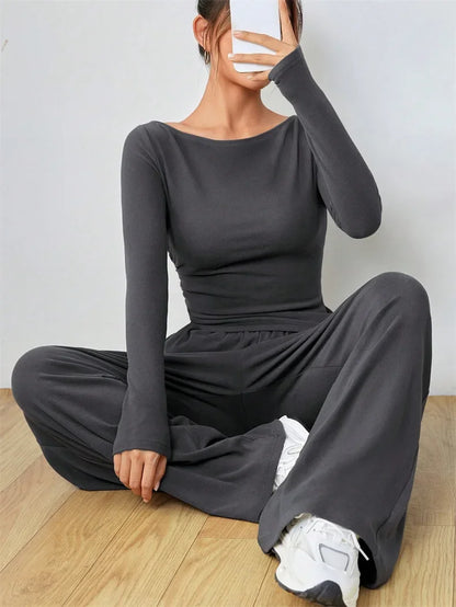 🍒Tweedelige wyebeenbroekstel sagte styl klere Onreëlmatige mode-joga-sportstel vroue slim gemaklike drag