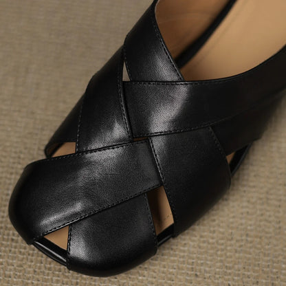 🍒Real leather summer sandals slip on flats for women band braided slides summer footwear round toe soft high quality mules