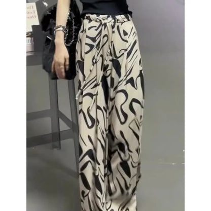🍒Black and white trousers printed for women loose fitting summer clothes wide leg pants with drawstring smart casual wear