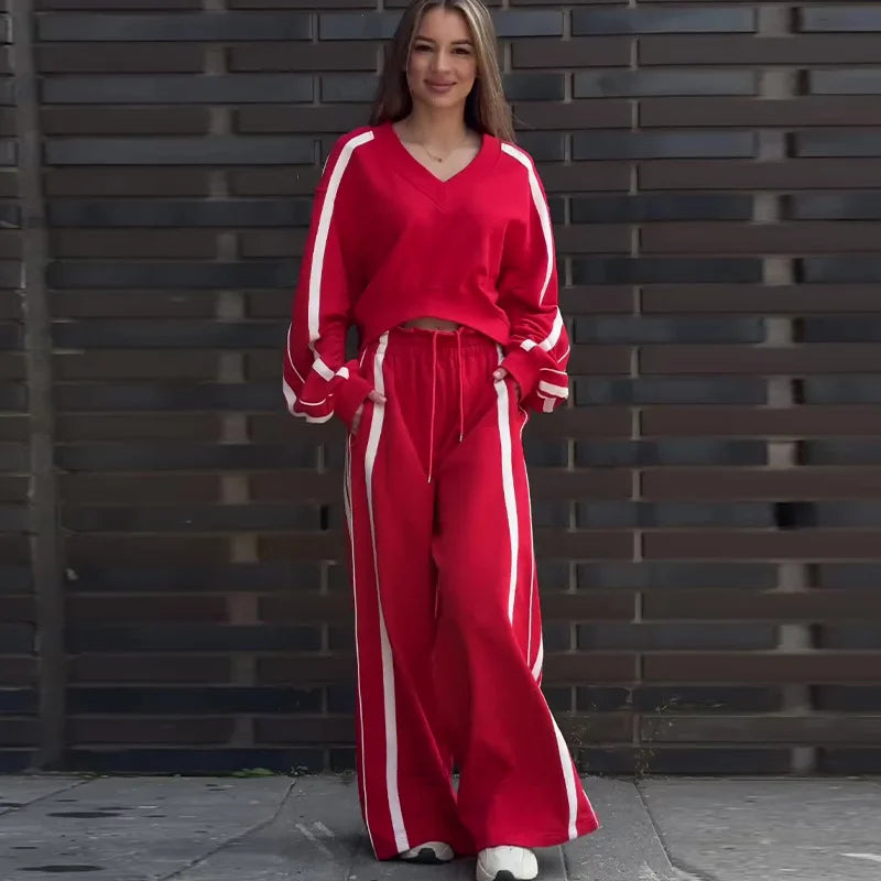 🍒Vroue tweestukbroekstelle streeptrui los V-nektop en wye streeppypbroek sportiewe kortboordrag somer herfs wye pypbroek met trekkoordmiddellyf Sport 'n vrolike Cherri