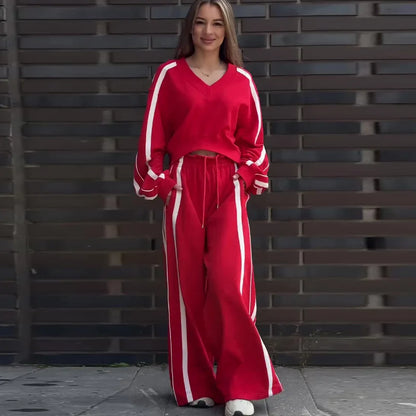 🍒Vroue tweestukbroekstelle streeptrui los V-nektop en wye streeppypbroek sportiewe kortboordrag somer herfs wye pypbroek met trekkoordmiddellyf Sport 'n vrolike Cherri