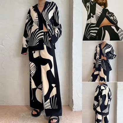 🍒Gedrukte hemp vroue 2-stukstelle los langmouhemp en wye pypbroek damespak Somer slim toevallige uitrustings dames Mode geleentheidspartytjie drag geleentheidsaanddrag
