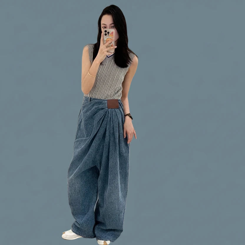 🍒Denim trouser baggy loose pleated casual wide leg jeans women designer mid waist pants washed long casual bottoms Gather Cool
