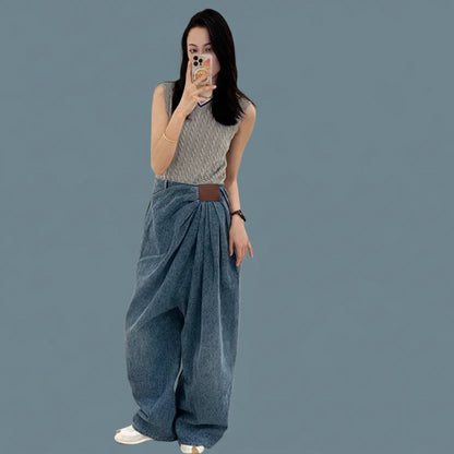 🍒Denim trouser baggy loose pleated casual wide leg jeans women designer mid waist pants washed long casual bottoms Gather Cool