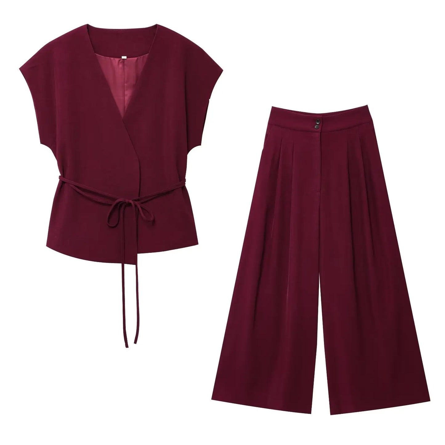 🍒Trouser suits for women sleeveless v-neck top with belt and straight pants wide leg sets spring summer clothing smart casual clothes party occasion wear two piece Two Piece Ease