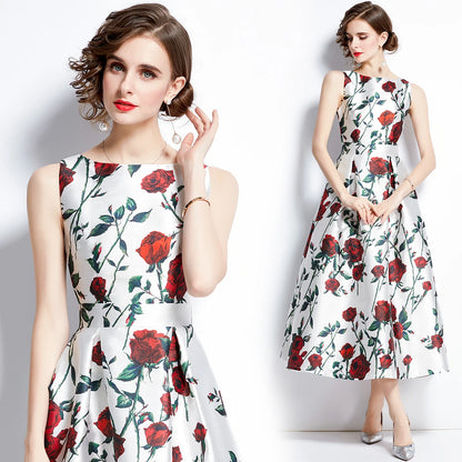 🍒Designer fashion dress floral print clothing vintage a line party wear outfit for women birthday dinner retro runway occasion wear  make ARRANGEMENTs for these FLOWERs